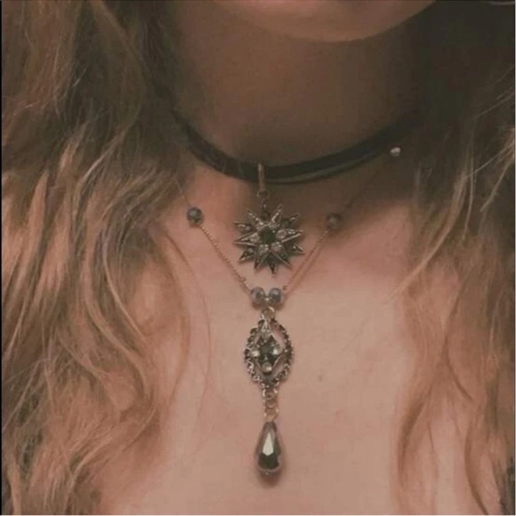 Dark Romance Vamp Academia Layered Faux Suede Gold Diamond Beaded Choker - Picture 11 of 12